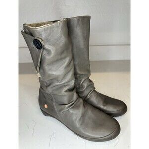Softinos Women’s Leather Mid-Calf Slouch Boots Gray EU 38 US 7.5 Button Comfort